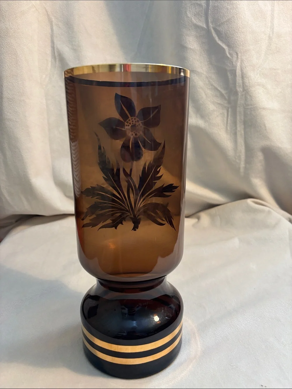 MCM Vase with Gold Floral Detail likely Czech Beautiful Smoky Glass Unique Shape